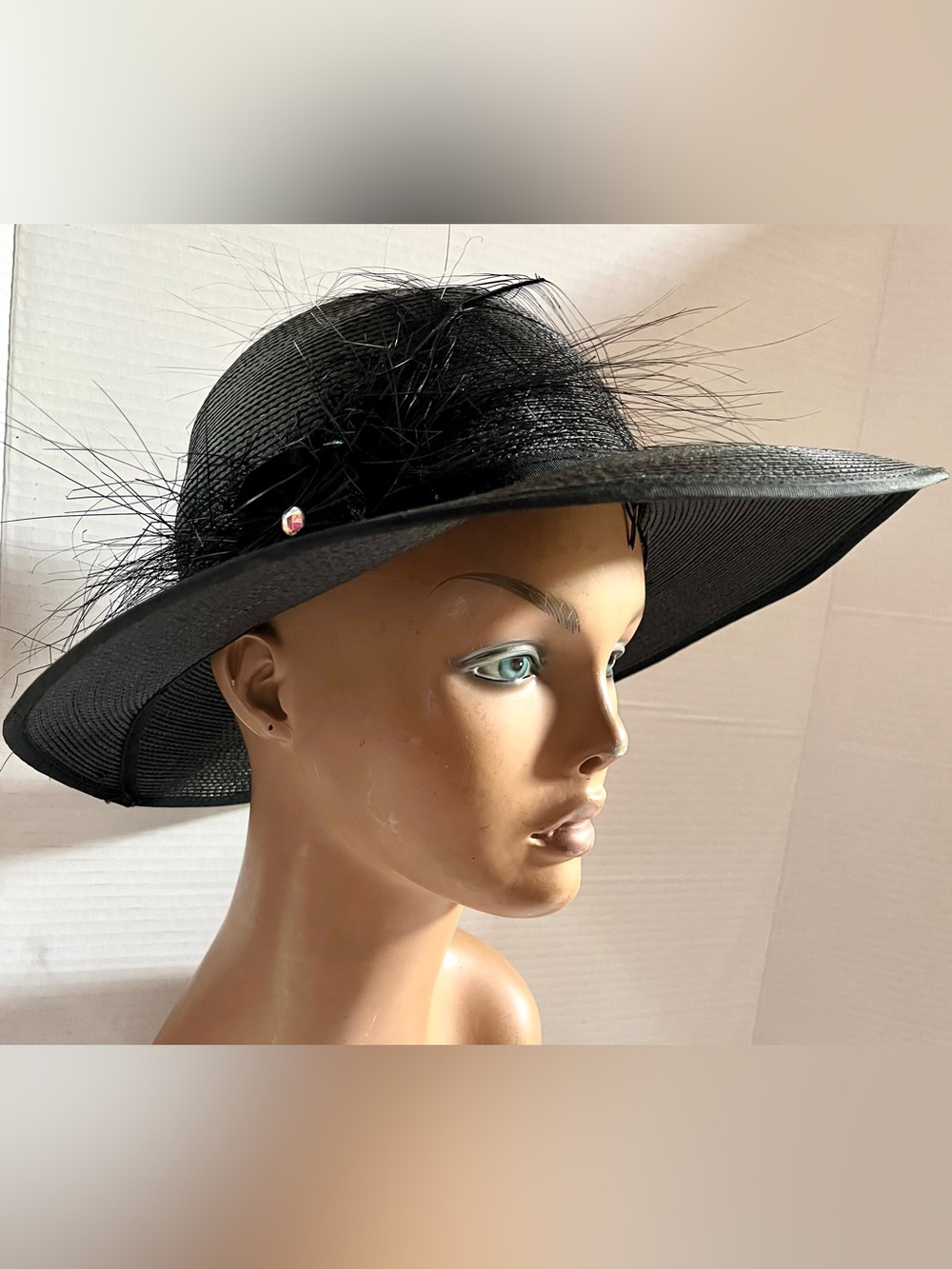 Sandra New York Vintage MCM Black Woven Straw Wide Brim Hat